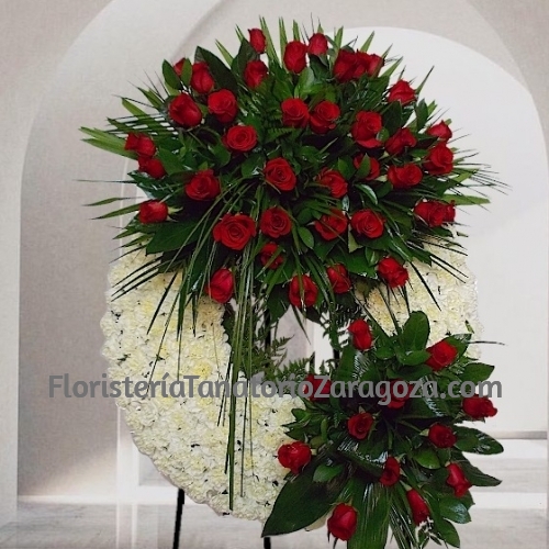 Corona Funeraria blanca cabezal de rosas rojas